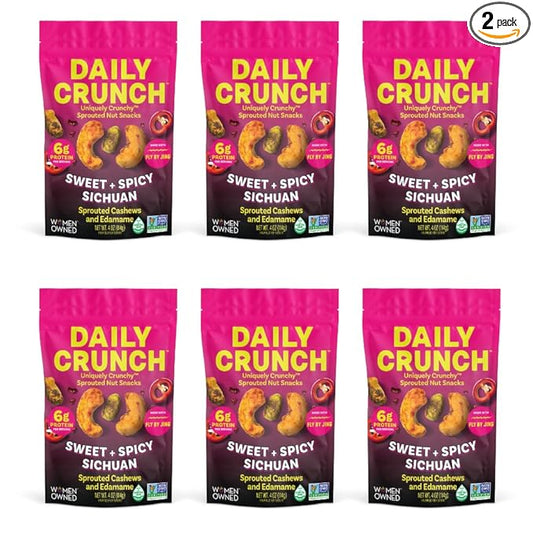 Daily Crunch Sprouted Cashews and Dehydrated nuts for a Unique Crunch, Keto Friendly, Non-GMO Zero Seed Oils, Gluten Free 4oz (6 Pack, Sichuan)