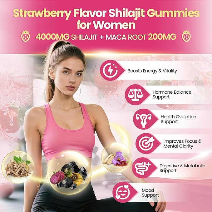VivoNu Shilajit for Women, Contains Tongkat Ali, Ashwagandha*, Ginger, Saffron for hormonal* Balance & Energy | Tasty Shilajit Strawberry Flavor with Pure Himalayans Shilajitn* (1 Bag)