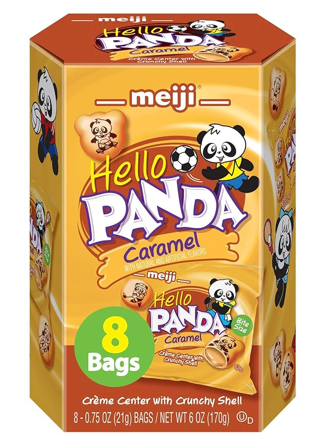 Meiji Hello Panda Cookies, Caramel Crème Filled - 6 oz, Pack of 8, 64 Bags Total - Bite Sized Cookies with Fun Panda Sports