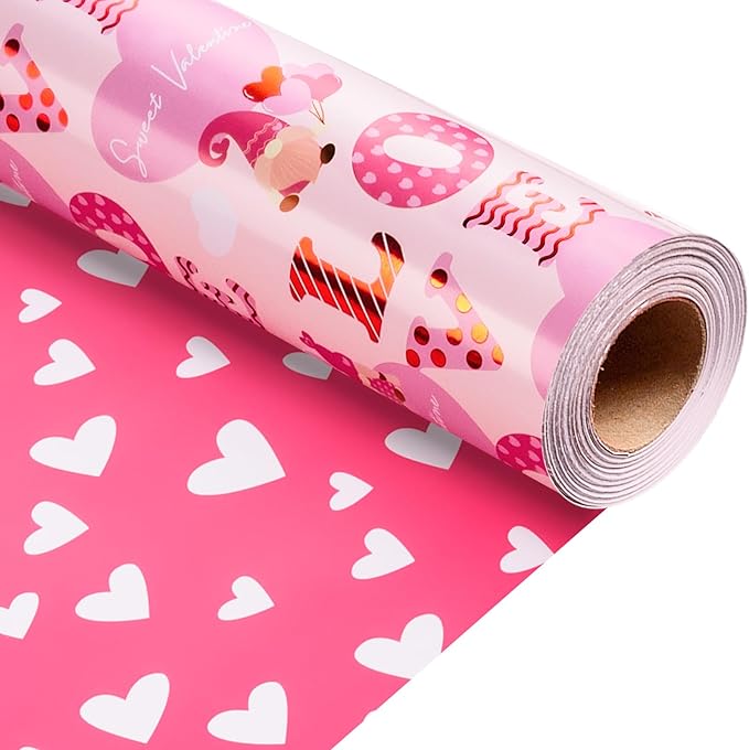 Homeral Pink Valentine's Day Wrapping Paper - Mini Roll - 17 Inch x 33 Feet - Goblin and LOVE Letters with Metallic Foil Shine & Heart Pattern Reversible Gift Wrap for Valentines Day Celebration