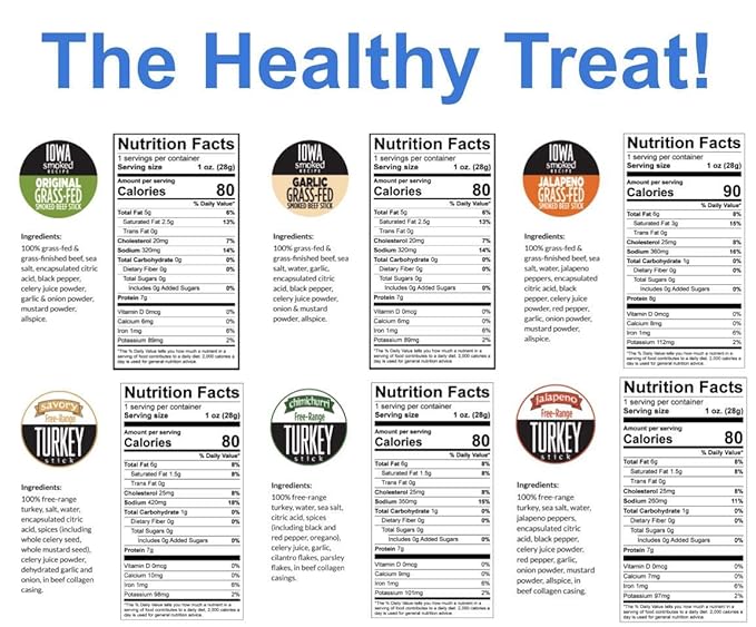 12 Flavor Variety Meat Sticks. No Added Nitrates, Gluten, Soy, MSG, Dairy, Nuts. 8 Grass-fed Beef Flavors, 3 Free-range Turkey Flavors & 1 Natural Pork Flavor (6 of Each, 72-cnt, 1-oz Stick)