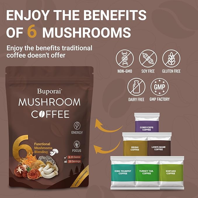 Mushroom Coffee, Instant Mushroom Coffee with 6 Mushrooms Lion’s Mane, Cordyceps, Turkey Tail & Other for Energy, Focus, Digestion, Immunity, 30 Servings (2 Pack)