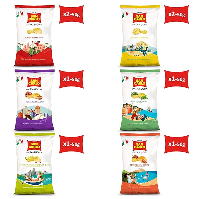 San Carlo Variety Pack 8X 50g Multi Flavours n°1 Italian Potato Chips – Classic, Wavy, Paprika, Pesto, Lime and Pink Pepper, Tomato