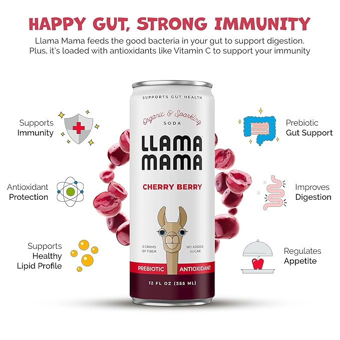 Llama Mama Cherry Berry Organic Sparkling Prebiotic Soda • Gut & Immune Support • High Vitamin C, Antioxidants • NO Sugar • NO Artificial Sweeteners • NO Stevia • Vegan Plant Fiber • 12 Pack