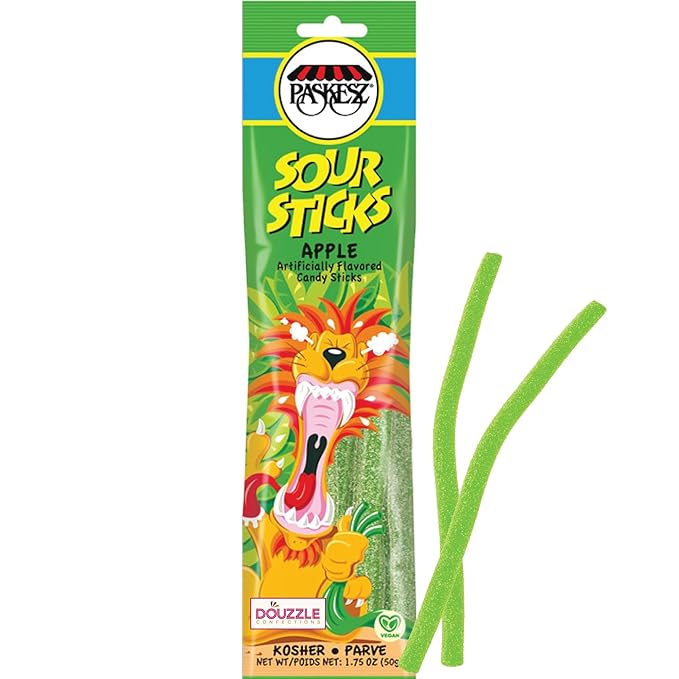 DOUzzle Valentines Day Sweet Treats, Sour Sticks Chewy Candy Straws Green Apple (1.8 OZ - 1 Pack) Goodie Bag Stuffer, Pinata Filler - Kosher Parve