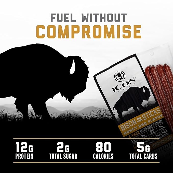 ICON Meats Bison and Pork Snack Sticks, Honey BBQ, 6 Pack High Protein Snacks, 4 Meat Sticks per Pack, Low Sugar, Gluten Free, Natural, USDA Inspected, Made in the USA, Gifts & Stocking Stuffers