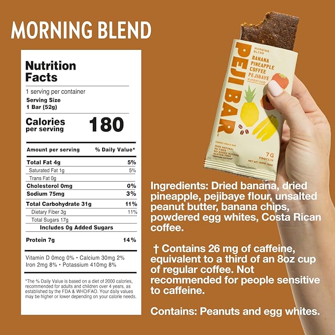 PEJI BAR Superfood Energy Bars | Morning Blend Banana Pineapple Coffee Flavor | Gluten Free, 7g Protein, Fiber, Whole Ingredients, No Sugar Added | Adventure Ready Snack, 12 Count