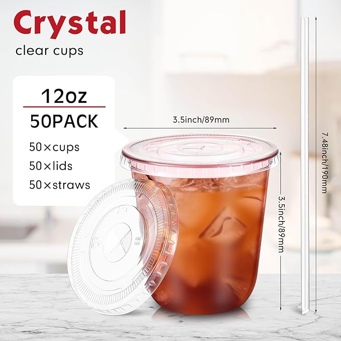 Ziliny 50 Sets Clear Plastic Cups with Lids and Straws, Disposable Iced Coffee Cups Drinking PET for Cold Drinks, Juice, Smoothie, Coffee Shops, Party, Christmas(Pink,12 oz)