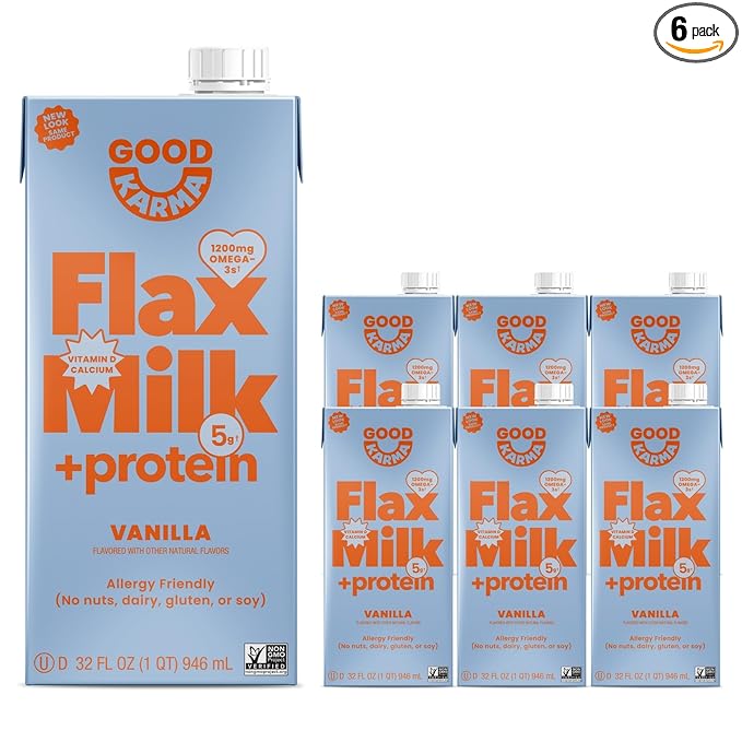 Good Karma Vanilla Flaxmilk +Protein, 32 Ounce (Pack of 6), 5g Plant Protein + 1200mg Omega-3 Per Serving, Plant-Based Non-Dairy Milk Alternative, Lactose Free, Nut Free, Vegan, Shelf Stable