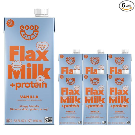 Good Karma Vanilla Flaxmilk +Protein, 32 Ounce (Pack of 6), 5g Plant Protein + 1200mg Omega-3 Per Serving, Plant-Based Non-Dairy Milk Alternative, Lactose Free, Nut Free, Vegan, Shelf Stable