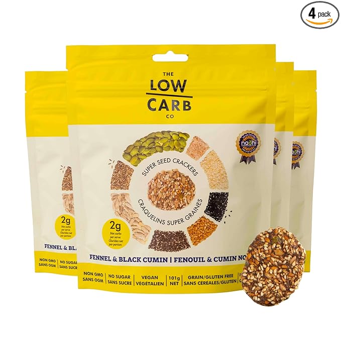 Super Seed Crackers, Gluten Free & Keto Friendly Healthy Snacks, Vegan, Zero Sugar, Paleo & Diabetic Friendly, Nut Free, 20g High Protein, 18g High Fiber, 3.56oz Each, 4-Pack, Fennel & Black Cumin