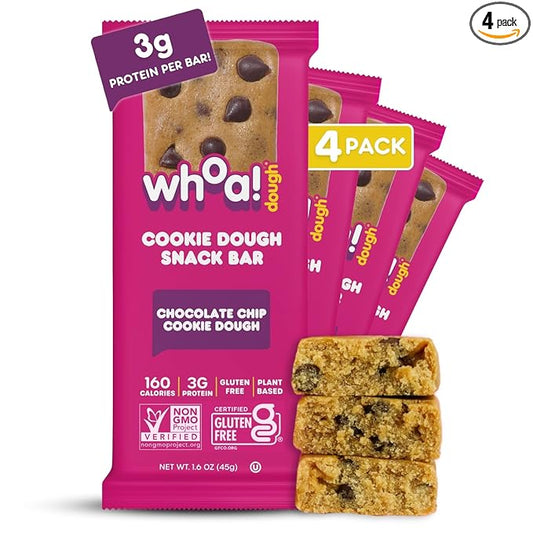 Whoa Dough Edible Cookie Dough Bars- Certified Non-GMO, Kosher and Gluten Free Bars - Healthy Snack Foods - Plant Based Snacks Made With Real Ingredients - Chocolate Chip Cookie Dough - 4 Pack
