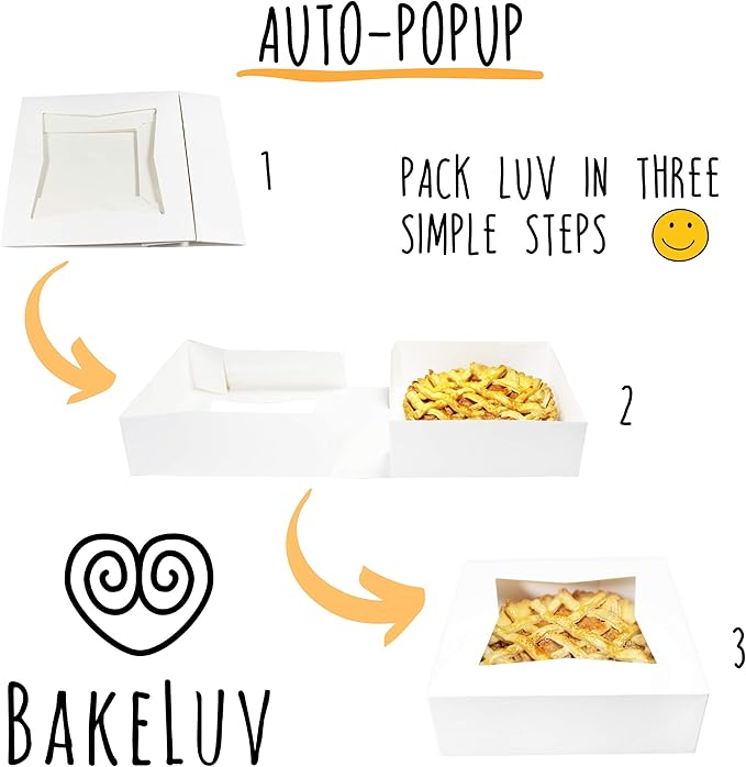 BAKELUV 8x8x2.5 Bakery Boxes with Window | White, 25 PCS | 8x8 Cookie Boxes 8x8 Cake Box, 8 Inch Bakery Boxes for Cinnamon Rolls, Treat Boxes, Dessert Boxes, Auto Pop Up