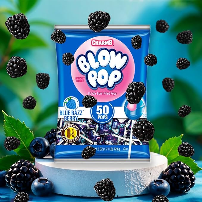 Charms Blow Pop Single Flavor Bag - Blue Raspberry Flavored Lollipops with a Bubble Gum Center - Individually Wrapped Hard Candy - Blue Candy - Peanut Free, Gluten Free, 50 Count (Pack of 1)