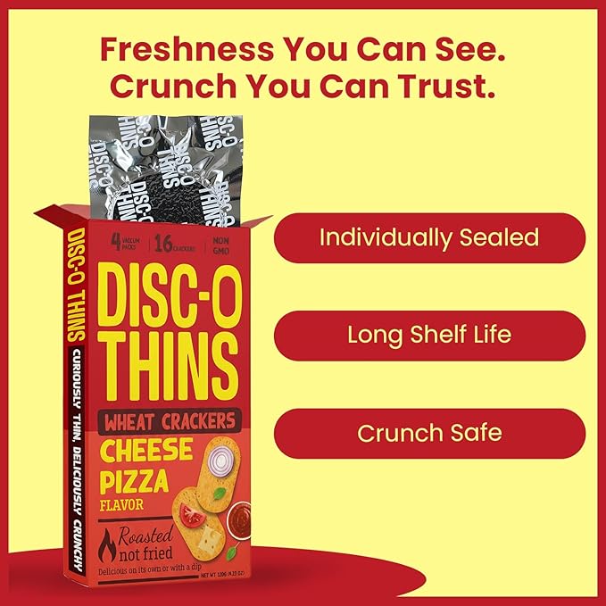 Disc-O Thins Whole Wheat Crackers - Crunchy Roasted Snack, High-Fiber & Low-Fat On-the-go Snack Chips, 96pcs (Cheese Pizza) - Healthy Family Travel Snack, Non-GMO - Great with Salsa, Cheese, Charcuterie Boards