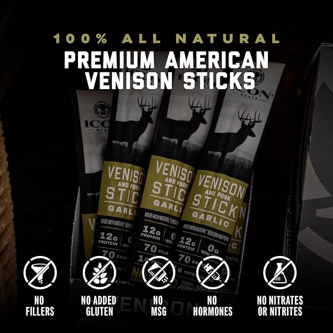 ICON Meats Venison and Pork Snack Sticks, Garlic Flavor, 24 Pack High Protein Snacks, Sugar Free, Natural Jerky Meat Sticks, Gluten Free, USDA Inspected, Made in the USA, Gifts & Stocking Stuffers