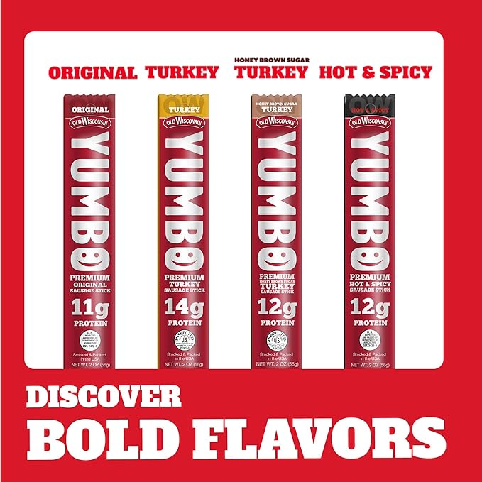 Old Wisconsin Yumbo Summer Sausage Snack Sticks, Ready to Eat, High Protein, Low Carb, Keto, Gluten Free, 20 Individually Wrapped 2oz Sticks, Honey Brown Sugar Turkey Flavor