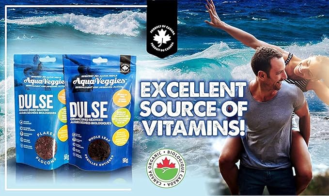 Aqua Veggies Organic Atlantic Dulse Flakes 227g 1/2lbs, Hand-Harvested, Sun-Dried Bay of Fundy, Excellent Source of Vitamins B6, B12, Iron, Iodine, Protein, Calcium and Fibre (Flake 227 Grams)