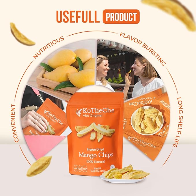 KOTHECHE Freeze Dried Mango (Pack of 4). No Sugar Added, Healthy Snack - Sweet but Low Calorie Fruit Chips - Gluten Free, Vegan Snack - Dehydrated Crispy Mango in Resealable Bag, Low Carb & Natural Superfood for Kids and Adults