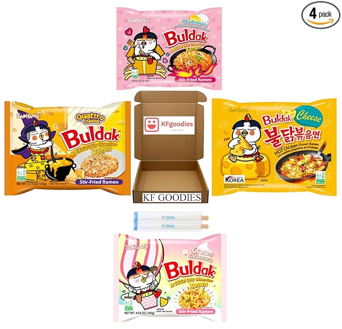 KF GOODIES Korean Ramen Variety Pack Gift Box (4 Count) – Spicy Buldak Noodle Assortment for Birthdays, College Care Packages, Office Snacks, and Gift Baskets