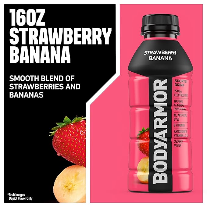 BODYARMOR Sports Drink, Strawberry Banana, Electrolyte Drink Hydration, 16 Fl Oz Bottles (12 Pack), Flavored Coconut Water with B Vitamins & Antioxidants