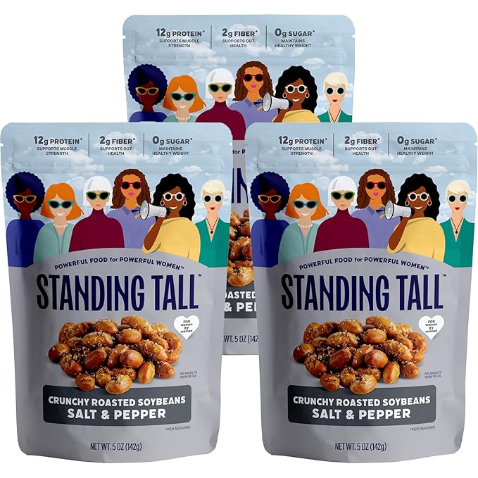 Standing Tall Roasted Soybean Snack, Salt & Pepper Flavor – Crunchy High-Protein Soybeans, 12g protein, 2g fiber, 0g sugar, Plant-Based Vegan Snack, Gluten-Free, Non-GMO, 3 Count Multi-Pack