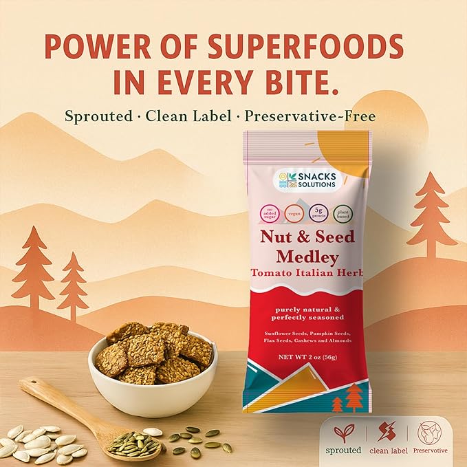 Snacks Solutions Nut and Seed Medley (2 oz - Pack of 8, Tomato Italian Herbs) Vegan, Plant Based, Gluten Free, No Added Sugar