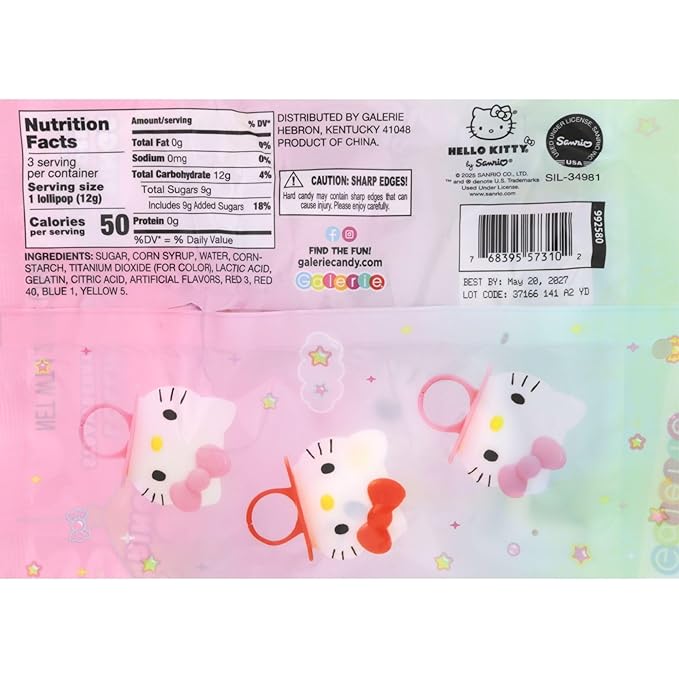 Hello Kitty Lollipop Rings, Strawberry and Fruit Punch Flavored Suckers, Themed Party Favors, 3 Count Bag, 1.27 Ounces (1 Pack)