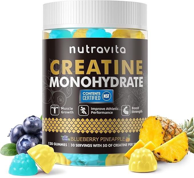 Nutravita NSF Certified Creatine Gummy - Creatine Monohydrate Gummies for Men & Women-5g of Creatine Monohydrate per Serving - Sugar Free,Vegan,Blueberry Pineapple Flavor, 120 Count