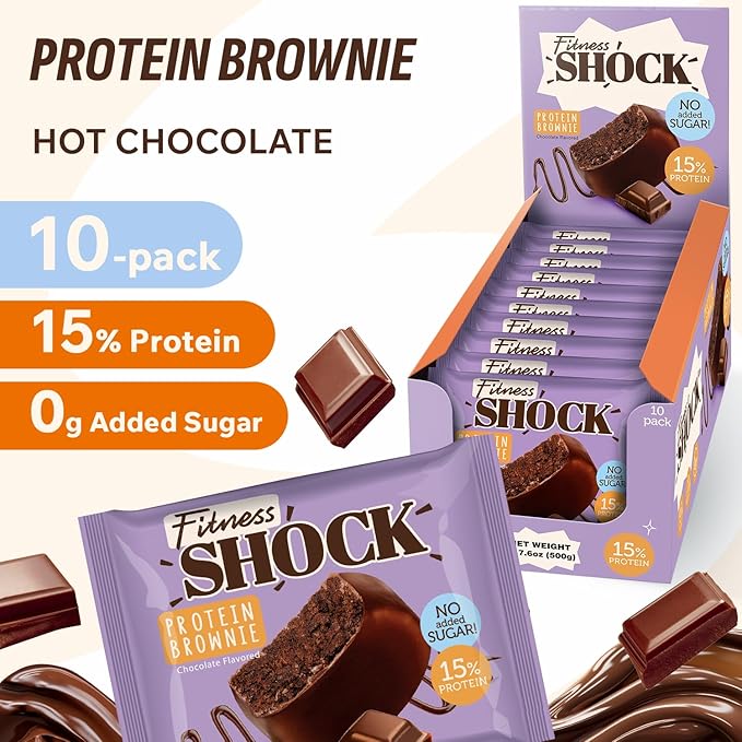 FitnesSHOCK Chocolate Brownie without Added Sugar, 15% Protein, satiating dietary fibre, Soft Texture, 10 Pieces, 50g