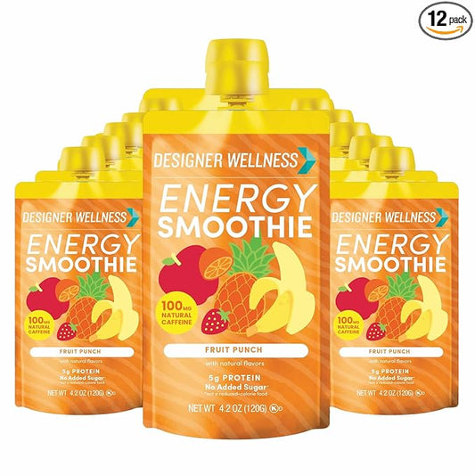 Designer Wellness Energy Smoothie, Real Fruit, 100mg Natural Caffeine, 5g Protein, Low Carb, Zero Added Sugar, Gluten-Free, Fruit Punch, 12 Count