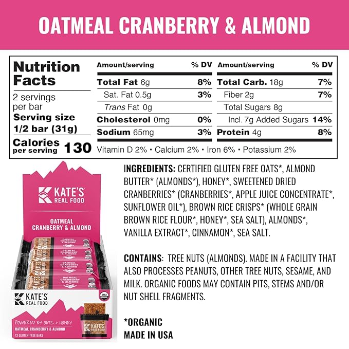 Kate’s Real Food Organic Energy Bars, Non-GMO, All-Natural Ingredients, Gluten-Free and Soy-Free Healthy Snack with Natural Flavors, Oatmeal Cranberry & Almond (Pack of 12)