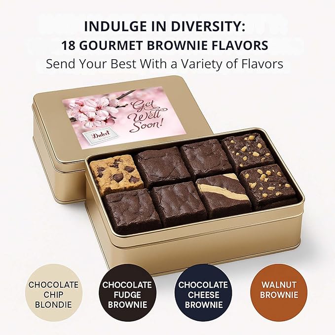 Get Well Soon Gift Basket - 18 Individually Wrapped Brownies Freshly Baked in a Variety of Flavors - Dulcet's Signature Flavored Fudge Brownies - Gift Box Comes with Get Well Card