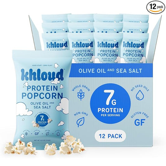 Khloud Protein Popcorn - Olive Oil & Sea Salt - 7g Protein Snacks for Adults & Kids - Flavored Popcorn Made with Real Ingredients & Milk Protein Isolate - Non-GMO, Gluten-Free, Kosher - 4oz, 12pk