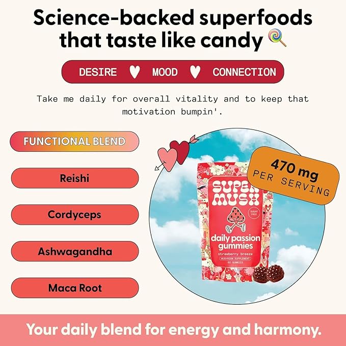 SuperMush Horny Goat Weed Gummies - Horny Goatweed for Men & Women with Cordyceps, Reishi & Maca Root - Maximize Blood Flow, Ignite Feel-Good Vibes & Lasting Energy - 28 Gummies (14 Servings)