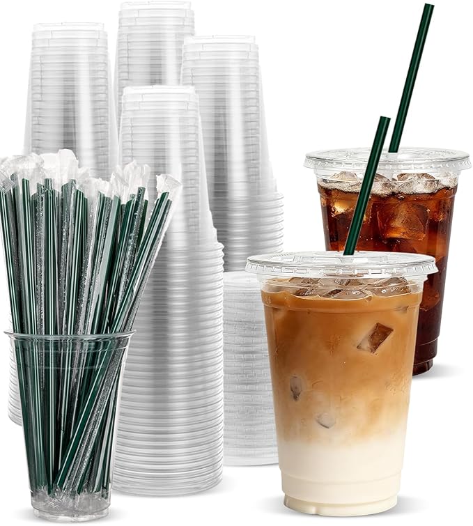 Goodluck 100 Pack 16oz Plastic Cups with Lids and Green Straws, Clear Disposable Iced Coffee Cups, Food Safe Cold Drink Cups for Bubble Tea, Smoothies & Shakes, BPA Free