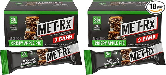 MET-Rx Big 100 Colossal Protein Bars, Crispy Apple Pie Meal Replacement Bars, 9 Count (Pack of 2)