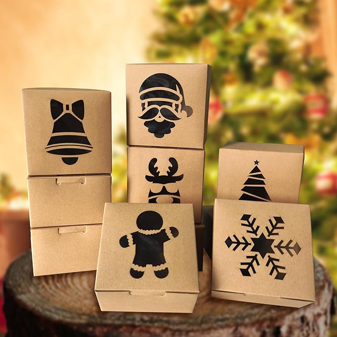 Gute 24 Pcs Christmas Kraft Cookie Boxes, Brown Christmas Treat Boxes with Window 4" x 4" x 2.5" Bakery Gift Warpping Box for Xmas Holiday Party Favor Pastries, Cupcakes, Cookies Donuts Gift-Giving