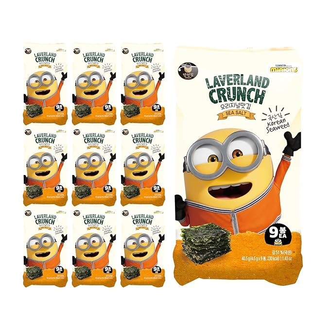 Laverland Crunch Seaweed Snacks, Sea Salt, Minions, 18 Individual Snack Packs – Double Roasted Korean Seaweed, Healthy Snacks for Adults & Kids, 0.16 Oz Ea