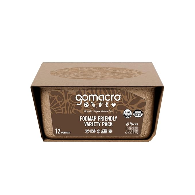 GoMacro MacroBar Organic Vegan Protein Bars - FODMAP Friendly Variety Pack (2.0-2.3 Ounce Bars, 12 Count)