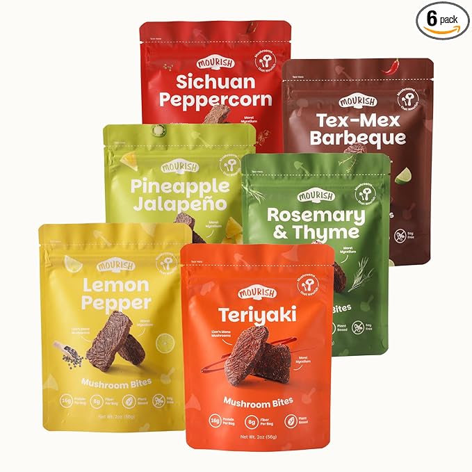 Mourish Vegan Mushroom Bites Six Senses Discovery Sampler, 6 Pack (2 oz), Good Source of Protein and Fiber, Plant Based Meat Jerky, Meatless Healthy Snacks for Hiking, Work, Travel & School