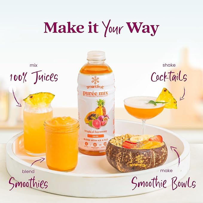 Smartfruit Tropical Harmony + Aloe – 100% Real Fruit Purée with Pineapple, Passion Fruit, Papaya & Guava – Great for Smoothies, Juice, Yogurt, Cocktails, Teas – High in Vitamin A & C – 2-Pk, 48oz Each
