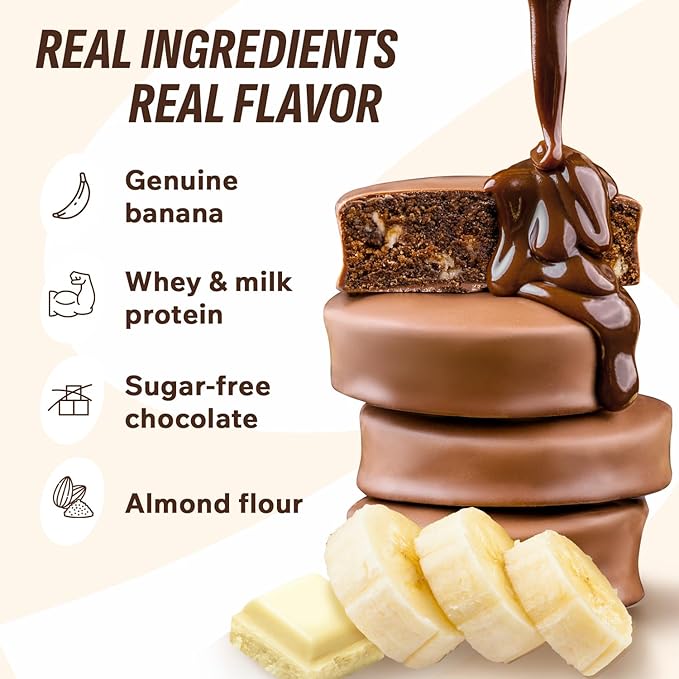 FitnesSHOCK Chocolate Brownie No Added Sugar, 15% Protein, satiating dietary fibre, Soft Texture, 10 Pieces, 50g - Banana Flavour