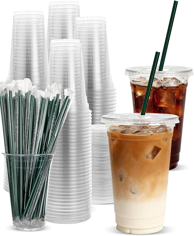 Goodluck 100 Pack 20oz Plastic Cups with Lids and Green Straws, Clear Disposable Iced Coffee Cups, Food Safe Cold Drink Cups for Bubble Tea, Smoothies & Shakes, BPA Free