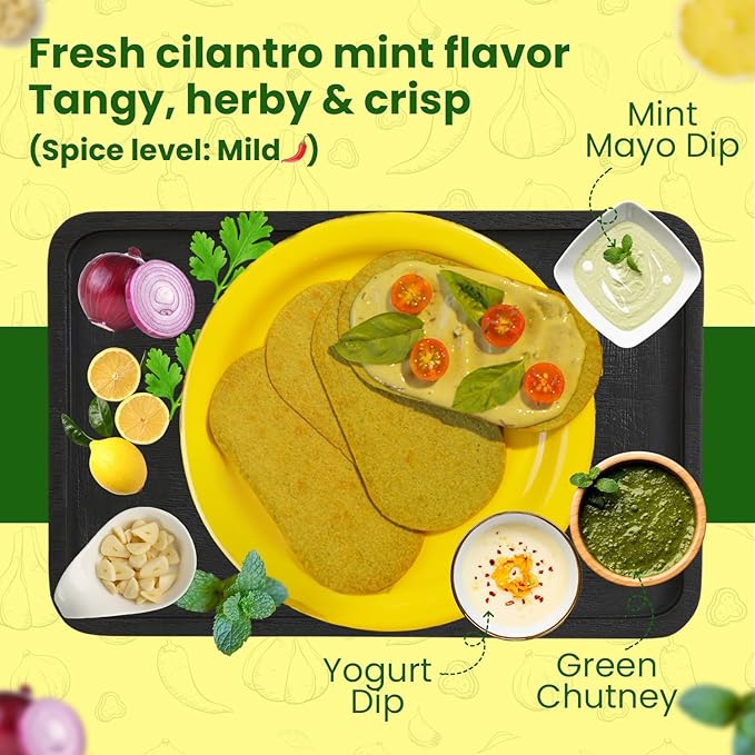 Disc-O Thins Whole Wheat Crackers - Crunchy Roasted Snack, High-Fiber & Low-Fat On-the-go Snack Chips, 96pcs (Cilantro Mint Chutney) - Vegan Healthy Travel Snack, Non-GMO - Great with Spicy Dips, Salsa or Beer