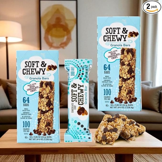 Soft & Chewy Granola Bars – 2 Boxes (128 Count), 0.85 oz Each, Quality Kirkland, Whole Rolled Oats, Real Chocolate Chips, Kosher Certified, 100 Calories