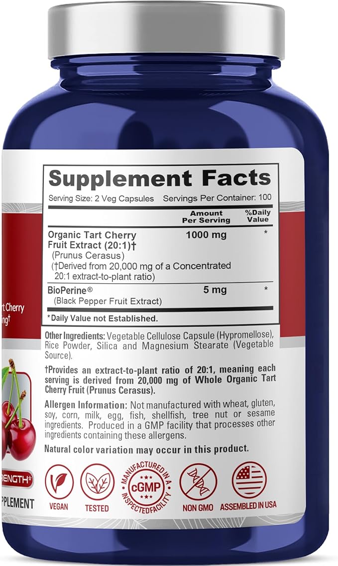NusaPure Organic Tart Cherry 20:1 Extract, 1000 mg Equivalent to 20,000 mg 200 Veggie Caps (Vegan, Non-GMO) Bioperine