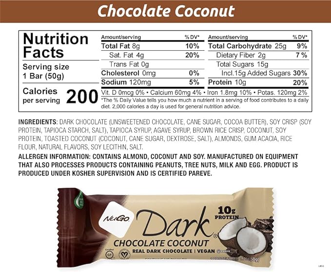 NuGo Dark Variety - Pretzel with Sea Salt 12 Bars & Dark Coconut 12 Bars, 10-12g Protein Bar, Vegan, Gluten Free, Non-GMO, Kosher Pareve, 24 Count