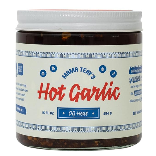 Mama Teav's Hot Garlic Chili Crisp - Spicy, Crunchy, Umami Chili Oil with Garlic & Cambodian Chilis - Vegan, Gluten-Free, All-Natural - Cold-Pressed Grapeseed Oil - 16oz Jar