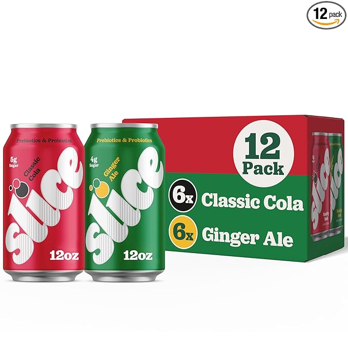 Slice Healthy Soda, Cola & Ginger Ale Variety Pack, Prebiotic & Probiotic Soda Pop, 5g Fiber, 35-40 calories, 12 fl oz 12 Pack (6 of each flavor)